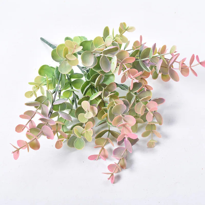 YO CHO Artificial Plants 7 Forks Eucalyptus Leaves Plastic Plants Green Twigs Eucalyptus Leaves Home Party Wedding Wall Decor