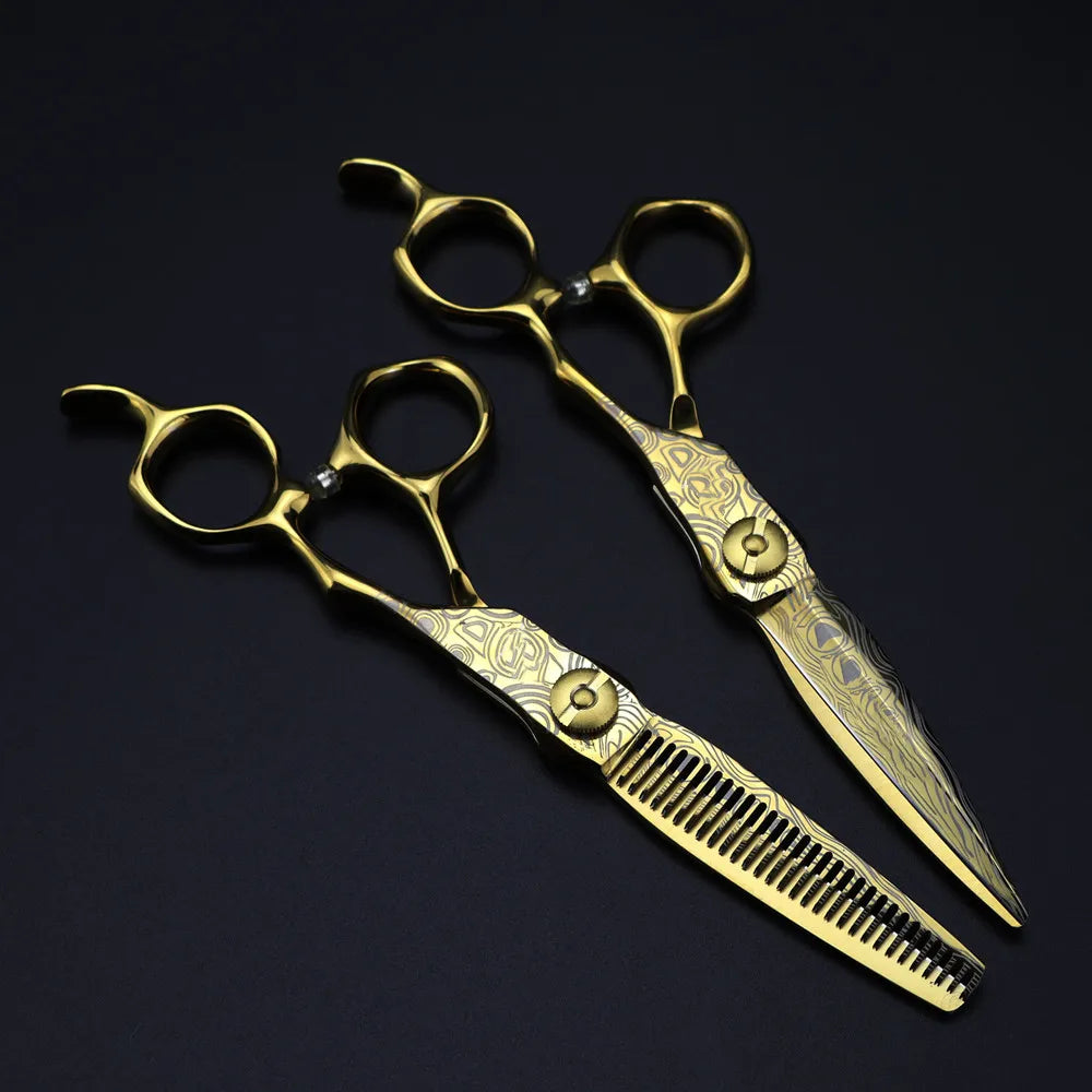 Professional 6 '' Gold cut scissor Damascus hair scissors haircut thinning barber tools cutting shears Hairdresser scissors