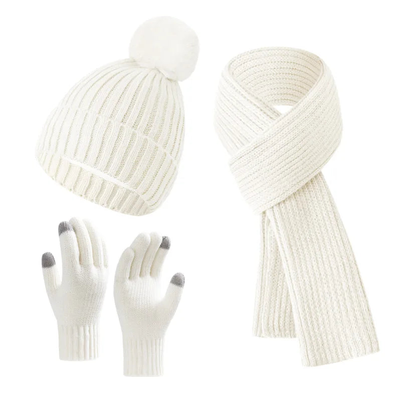 Women Winter 3Pcs Set Pom Pom Beanie Hat Scarf Touch Screen Gloves Sequin Knitted Warm Outdoor Accessories Christmas Gifts