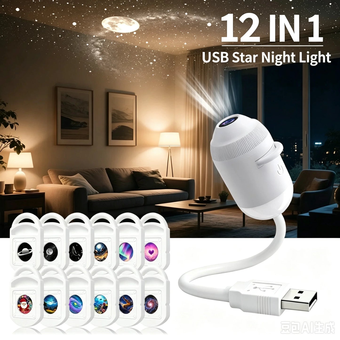 Galaxy Star Projector, 2-in-1 Portable Lamp with 12 Slides, 360° Adjustable Eye-Care LED Night Light for Bedroom Car Decor Gift