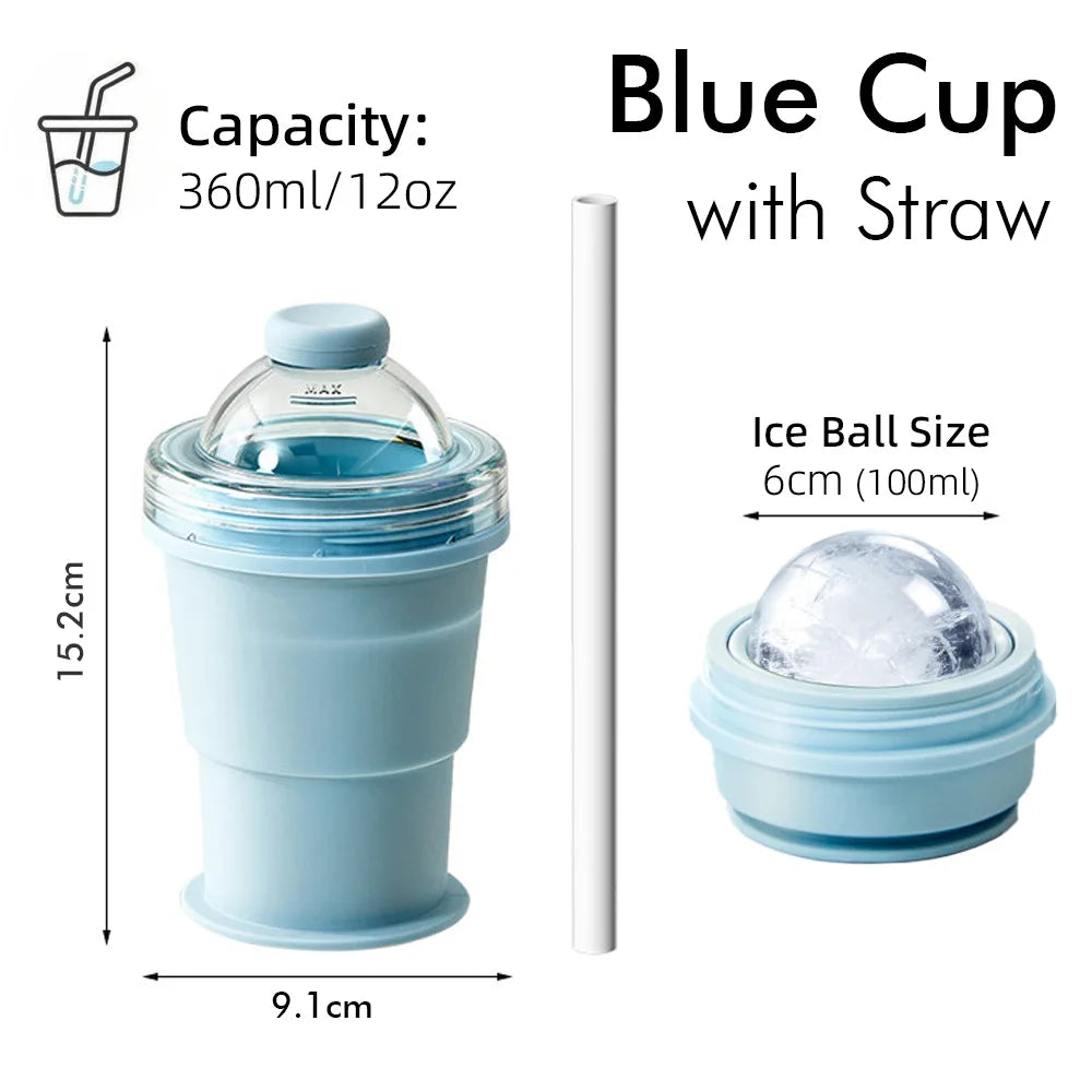 2-in-1 Collapsible Cup 360ml with Straw Silicone Ice Mold Folding Water Cup Ice Ball Maker Portable Coffee Tumbler Blue Yellow