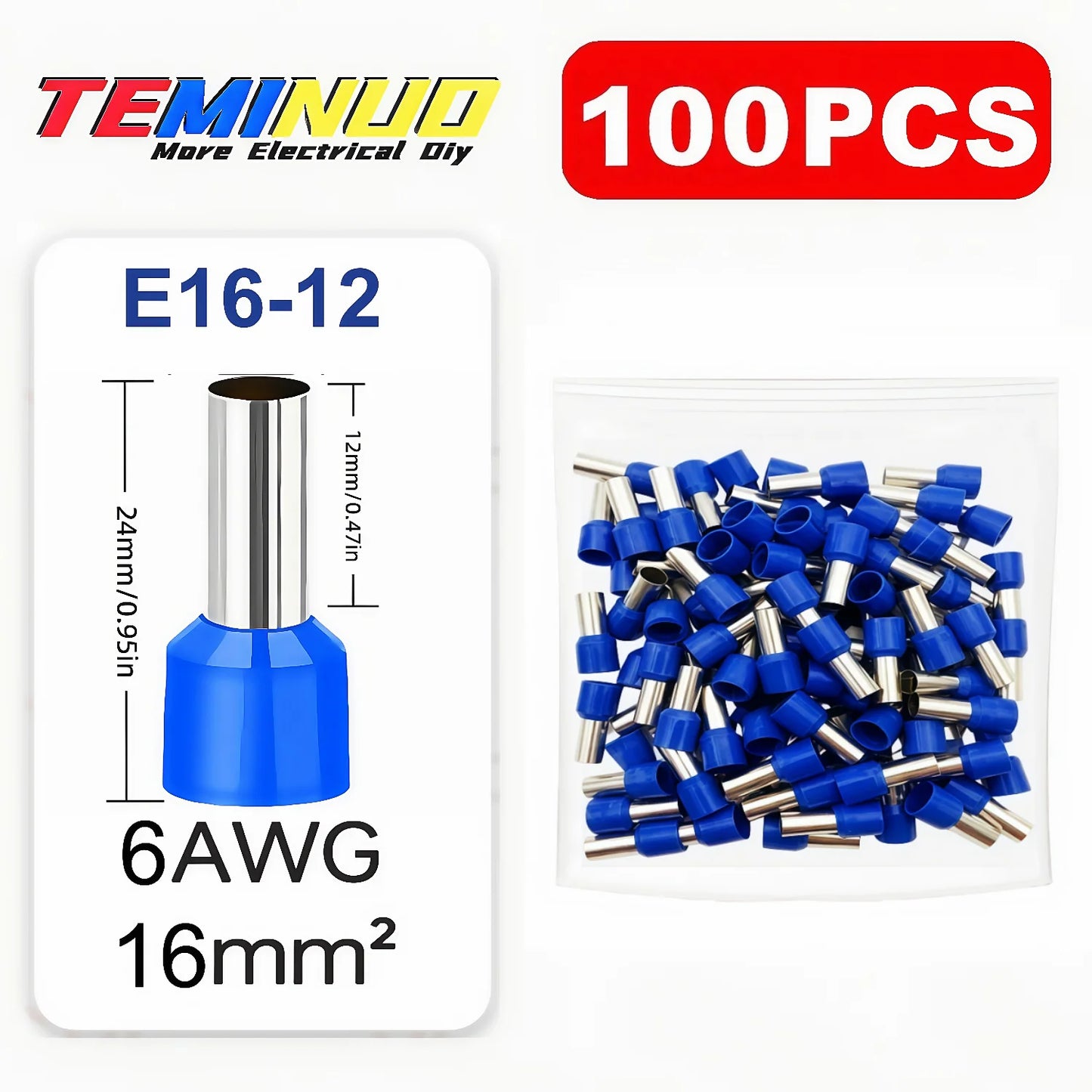 100PCS Insulated Cord End Terminals, AWG 22-6 Wire Ferrules Crimp Connectors, E7508/E1008/E1508/E2508/E4009/E6012/E10-12/E16-12