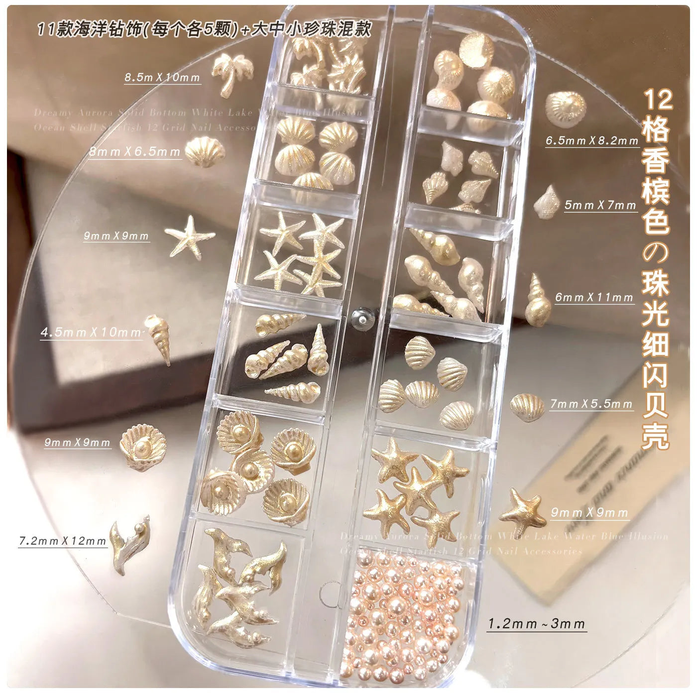 YYM 12 Grid Starfish Shell Nail Jewelry Set Box Conch Coconut Tree DIY Kit with Diamond Accessories for Nail Art