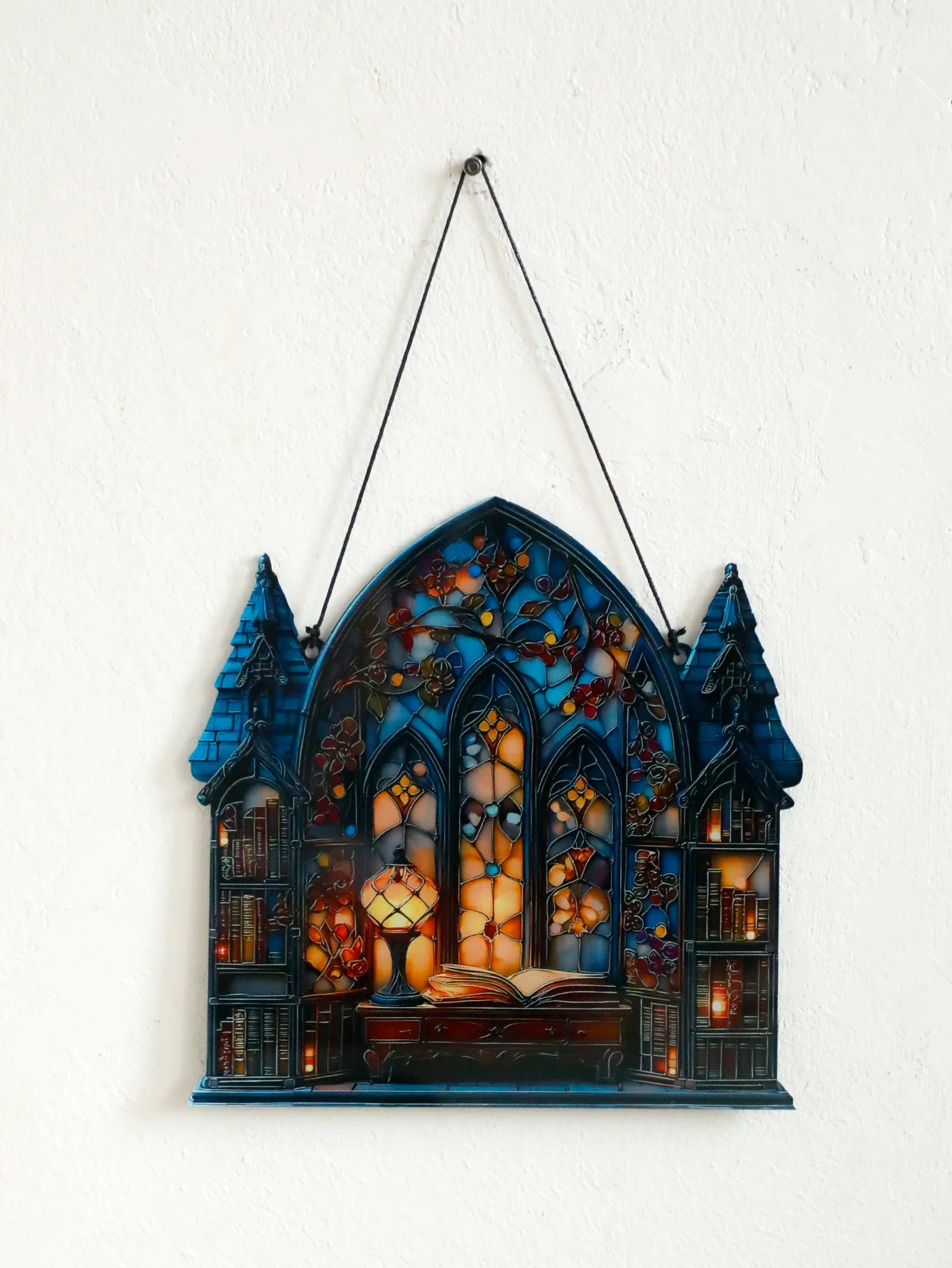 Halloween Gothic House Hanging Decor Acrylic Building Shape with Book & Lantern Design Window Pendant Art Wall Ornament for Home