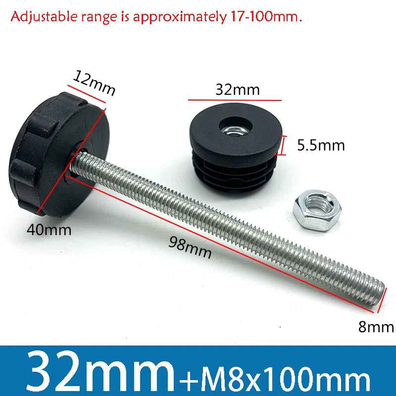 1-10Pcs Table Leg Plug With Nut and Adjustable Feet M8/M0x50/100mm Black Square/Round Furniture Rack Height Adjustable Foot Cup