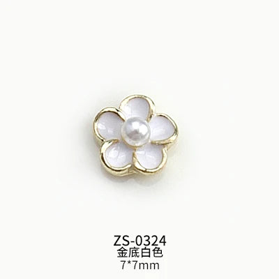 10PCS Glossy White Black Dimaonds Pearls Gold Edge Camellia Rose Flowers Metal Nail Art Rhinestones Jewelry Manicure Decorations