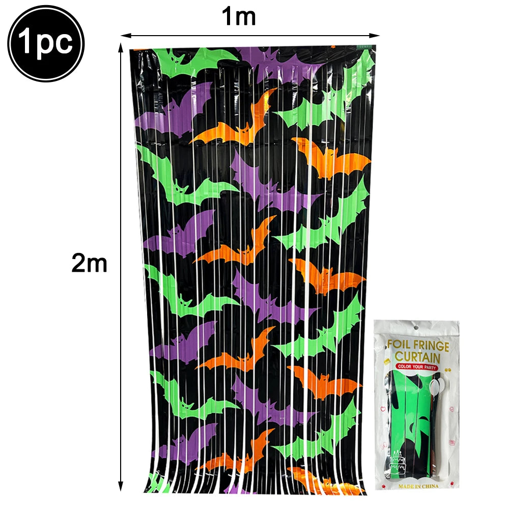 Halloween Foil Fringe Curtain Bat Ghost Pumpkin Boo Printed Tinsel Curtain Halloween Door Backdrop Photo Booth Prop Party Decor