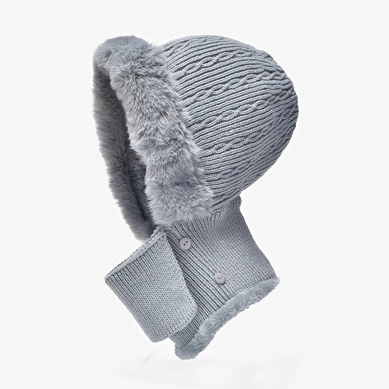 BeauToday Winter Knitted Hat Women Faux Fur Ear Protection Beanies Female Hooded Neck Collar Adjustable Earflap Caps 96502