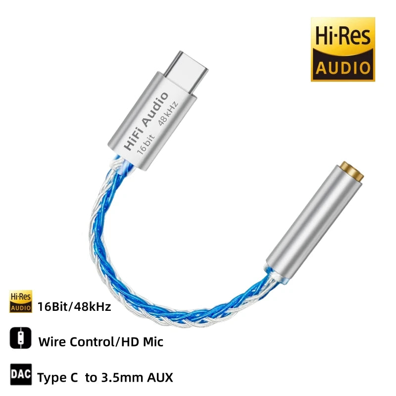 Type C to 3.5mm Jack USB Cable HiFi Audio Amp Headphone Adapter HD Mic for iPhone16/15 Samsung Xiaomi Huawei Earphones Converter