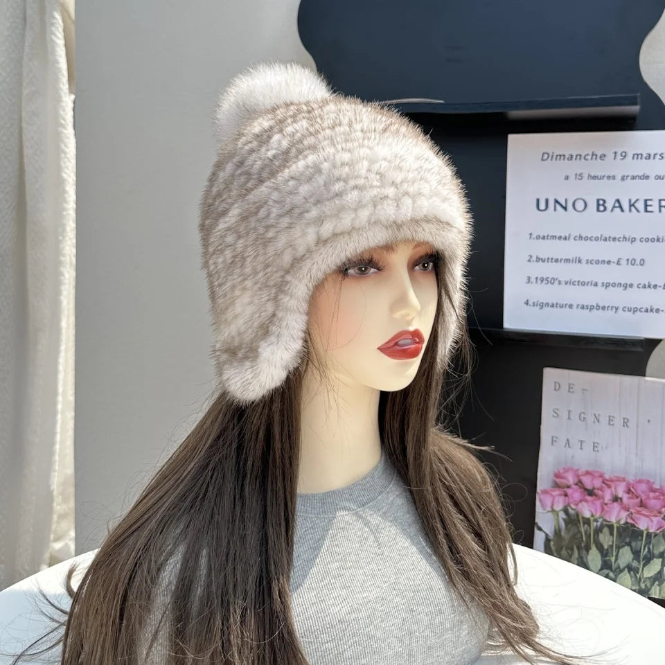 New Winter Ladies Real Mink Fur Hat Warm Thickened Ear Protection Knitted Cap Ladies Winter Fashion Accessories