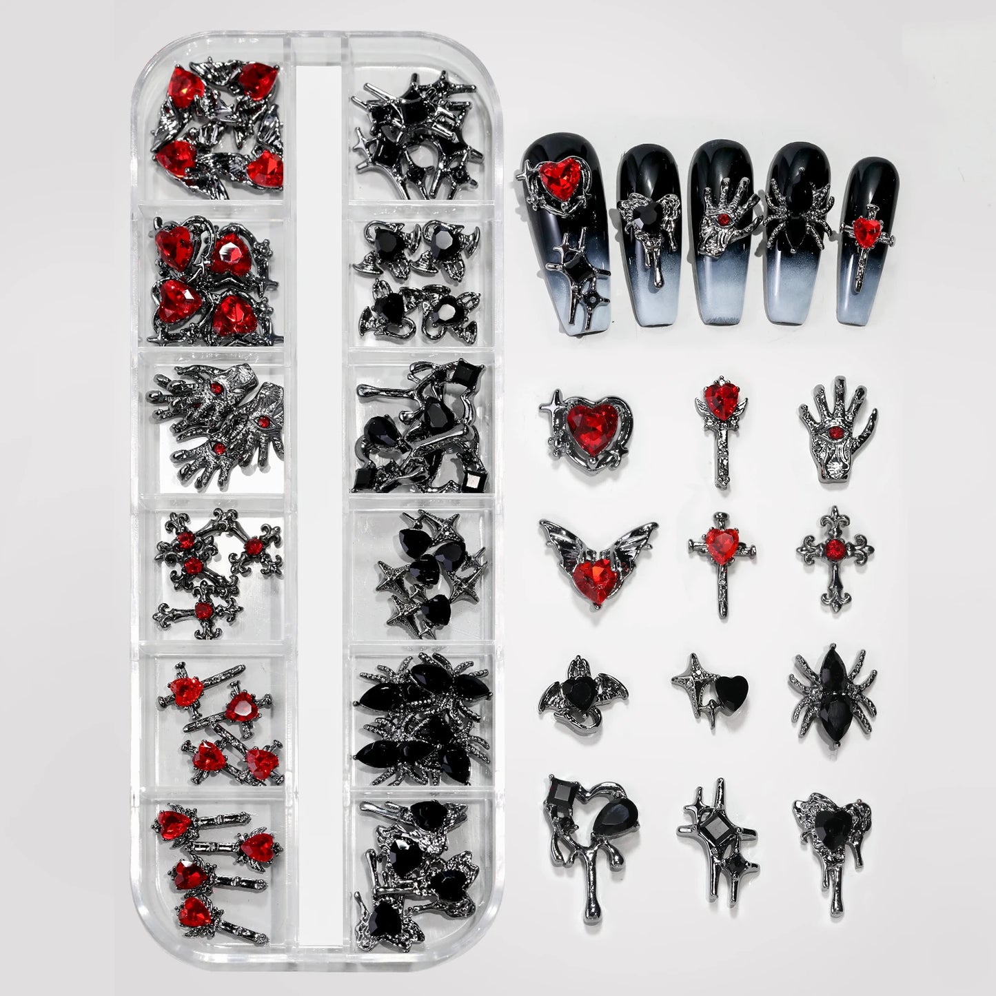 12 Grid Retro Alloy Nail Art Jewelry Gothic Punk Style Y2k Heart-Shaped Cross Spider Pattern DIY Nail Decoration Accessories