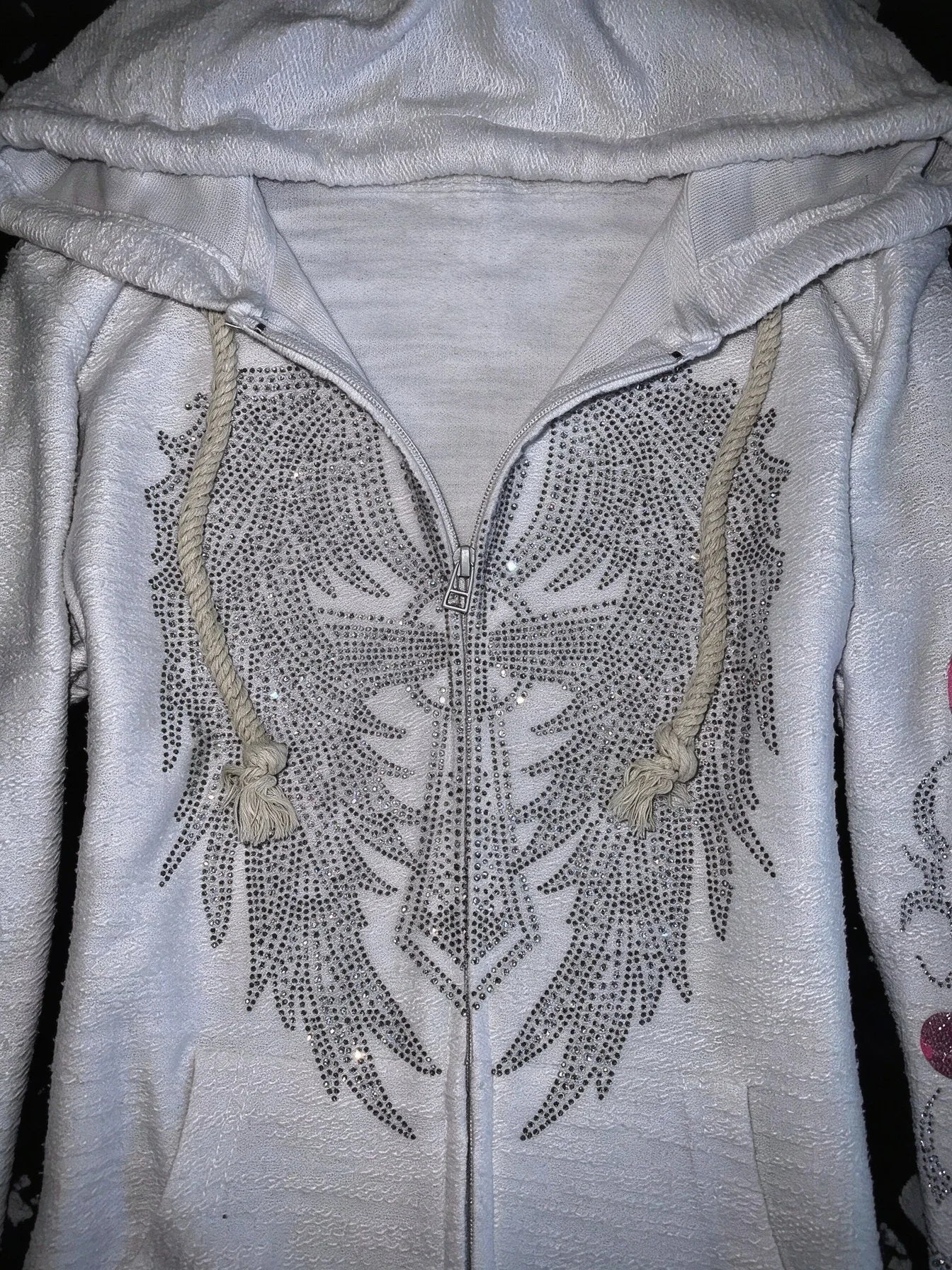 Y2K Vintage Rhinestone Hooded Jacket Women Silver Crystal Angel Wing Cross Zip Pink Flower Tribal Print Slim Fit Sweatshirt