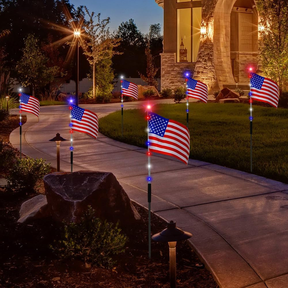 6 Flag Lights 4Th of July Decorations 8 Lighting Modes, 6-In-1 American Flag Solar Lights, Memorial Day Decorations with Red White and Blue Lights for Independence Day Path Garden Decor Yard Pathway