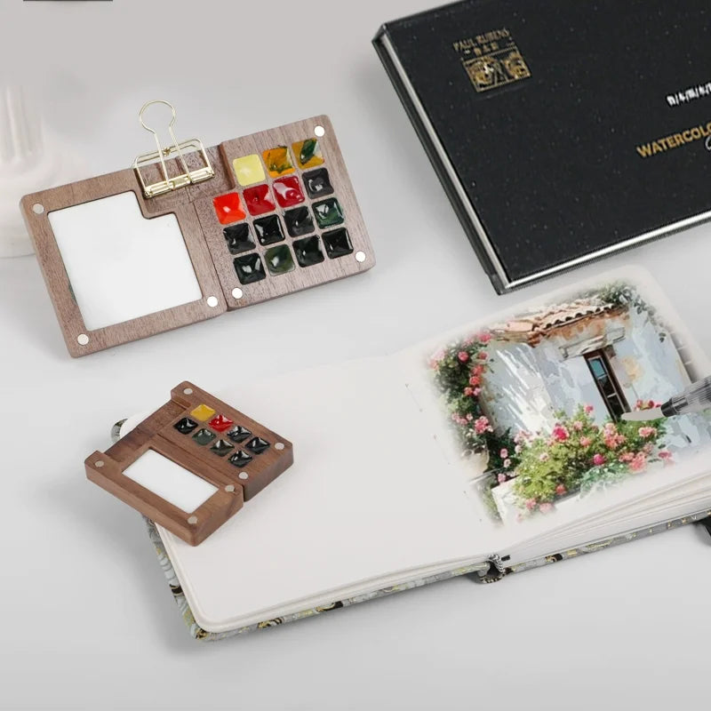 Mini Walnut Wood Watercolor Palette Portable Paint Box with Clip Travel Painting Paint Tray Art Supplies Sketchbook Palette