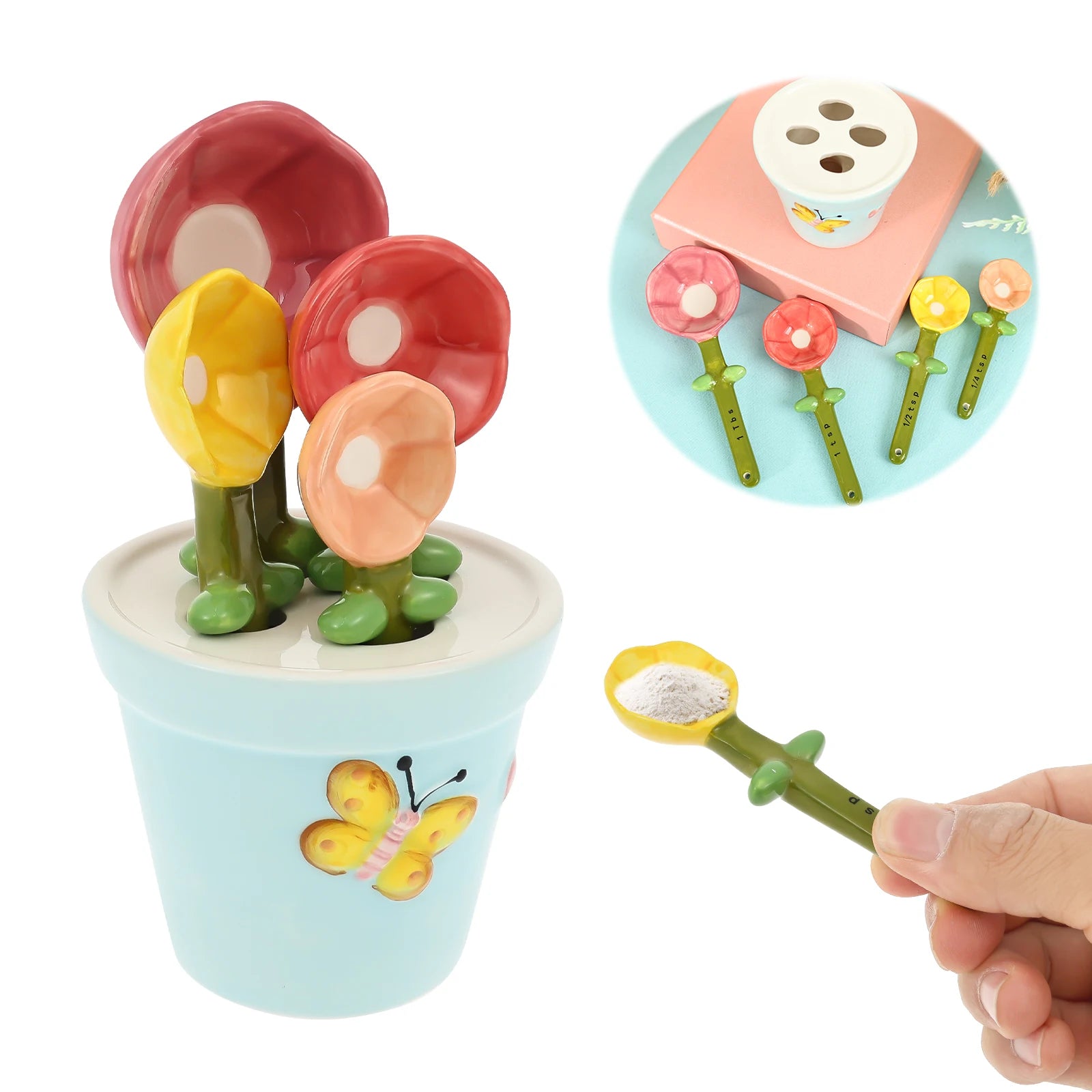 4Pcs Ceramic Measuring Spoon Set Flower Shape Baking Scale Spoon with Base Reusable Measuring Spoon for Home Kitchen Baking Tool