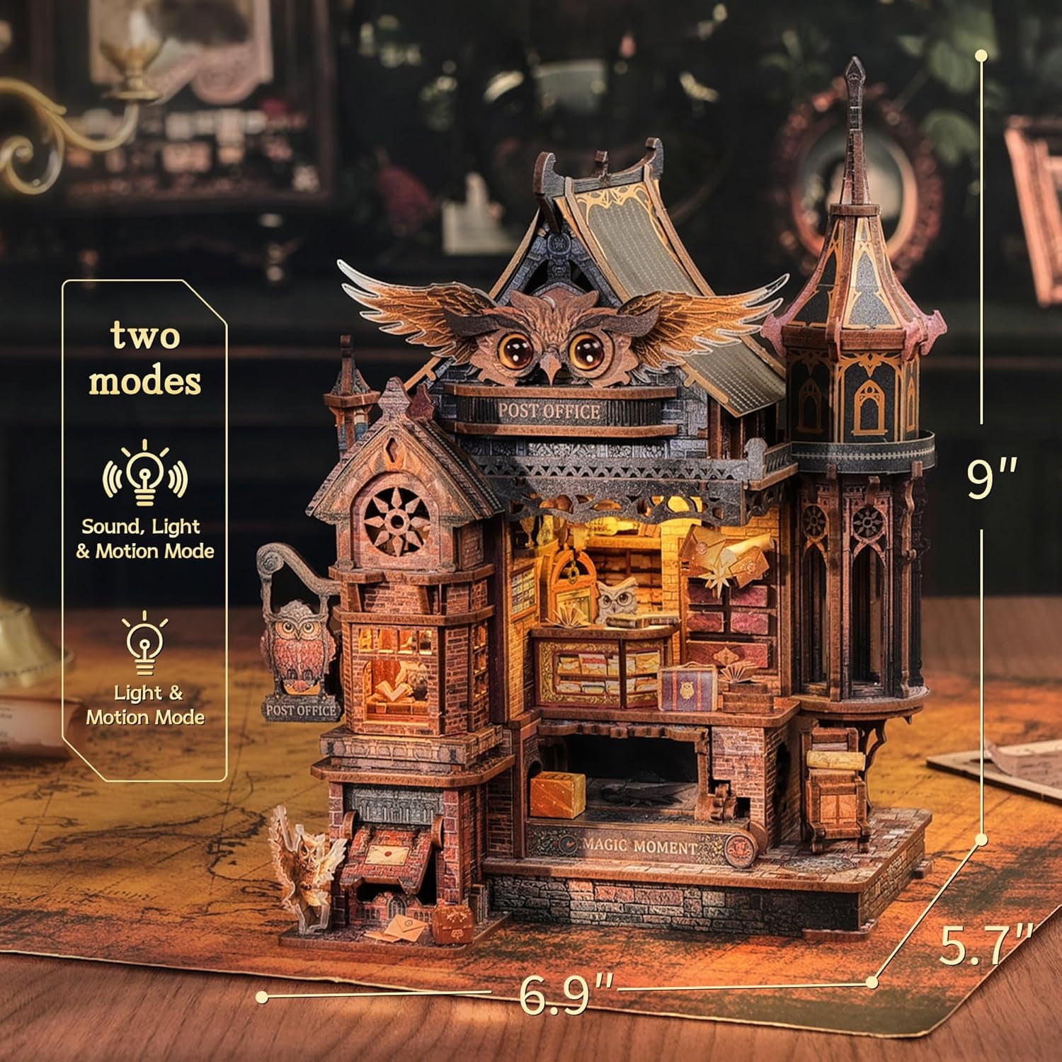 LED 3D Wood Puzzle Owl Post Office, Dynamic Model with Mechanical Gears, DIY Miniature Kit with Music and LED Lights, Home Décor Gift for Adults and Teens