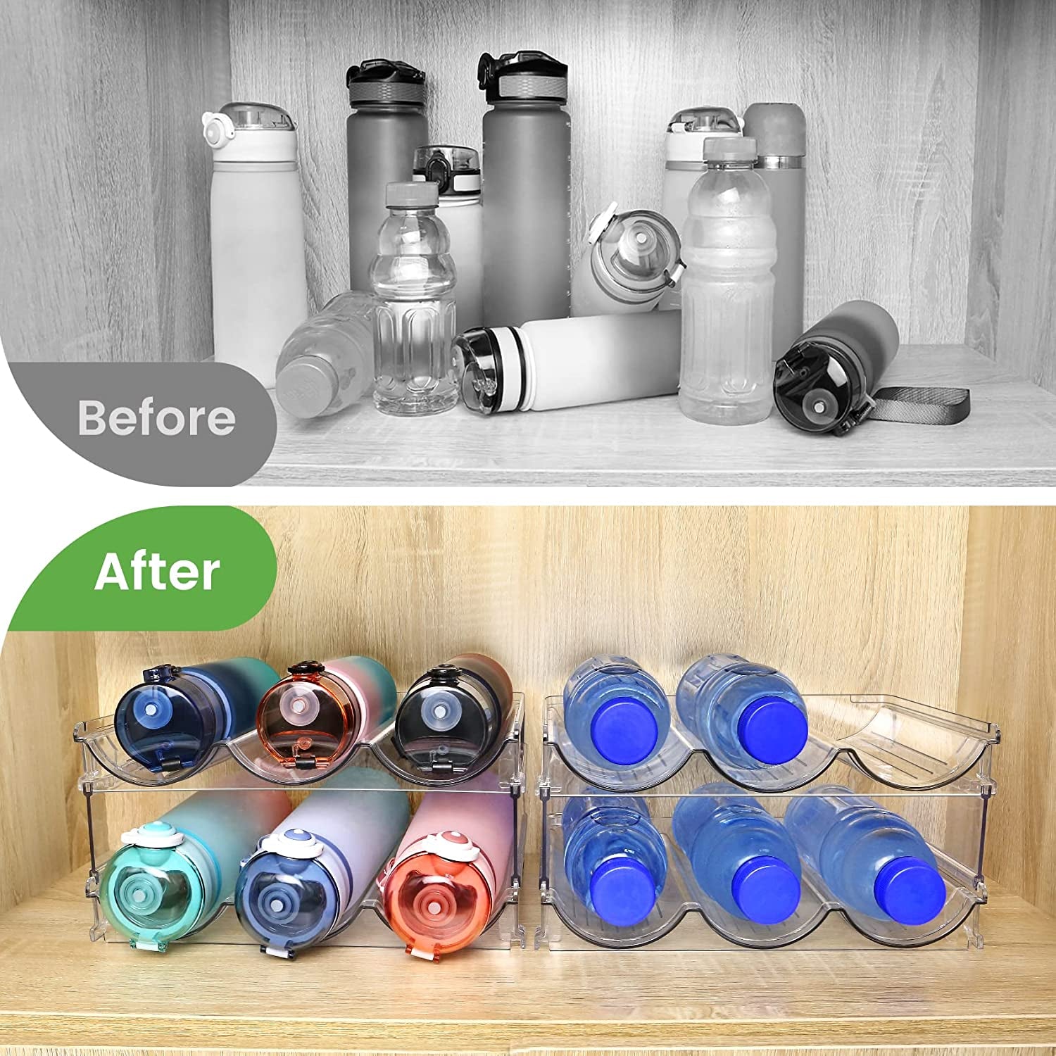 Say goodbye to clutter! 🌟 Check out our 2-pack Stackable Water Bottle Organizer for your cabinet! Perfect for keeping your hydration essentials neat and tidy! 💧🥤 #HomeOrganization #WaterBottleStorage
