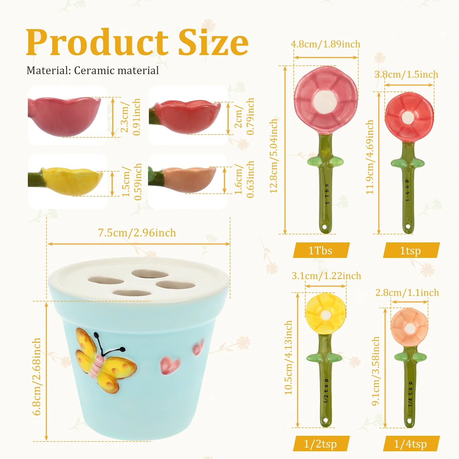 4Pcs Ceramic Measuring Spoon Set Flower Shape Baking Scale Spoon with Base Reusable Measuring Spoon for Home Kitchen Baking Tool