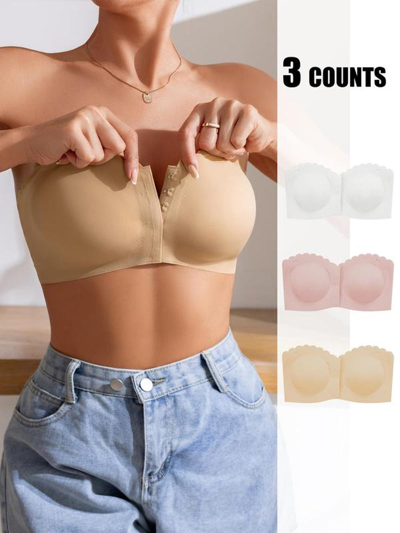 Women'S Solid / Leopard Print Strapless Bra, Wireless Push up Bra, Basic Casual Comfortable Breathable Scallop Trim Hook & Eye Front Bralette, Pastel Lingerie for All Seasons, Light Womenswear, Lady Bra Pack, Underwear