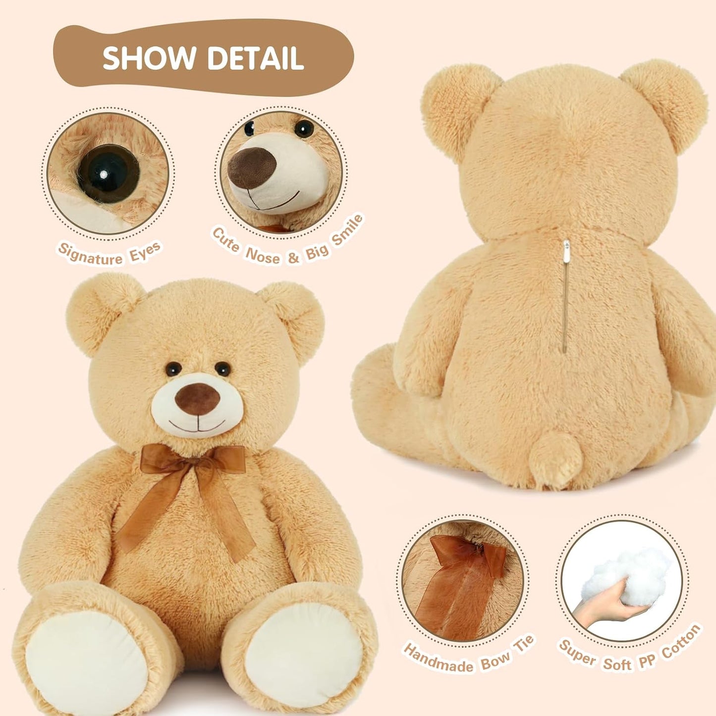 Giant Teddy Bear Stuffed Animal 3Ft,36'' Big Bear for Kid,Large Stuffed Bear for Baby Shower, Teddy Bear for Girlfriend Boyfriend Wife Mom Fiancée Valentine'S Birthday, Tan