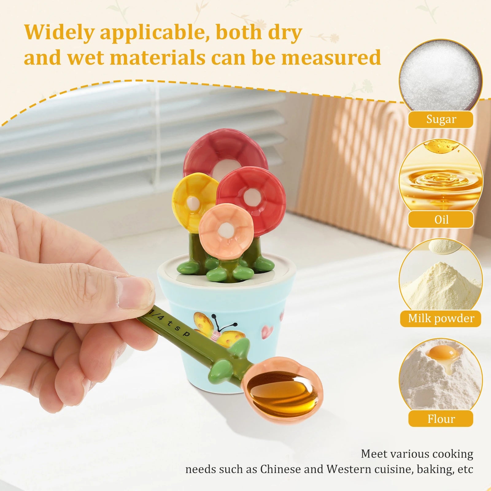 4Pcs Ceramic Measuring Spoon Set Flower Shape Baking Scale Spoon with Base Reusable Measuring Spoon for Home Kitchen Baking Tool