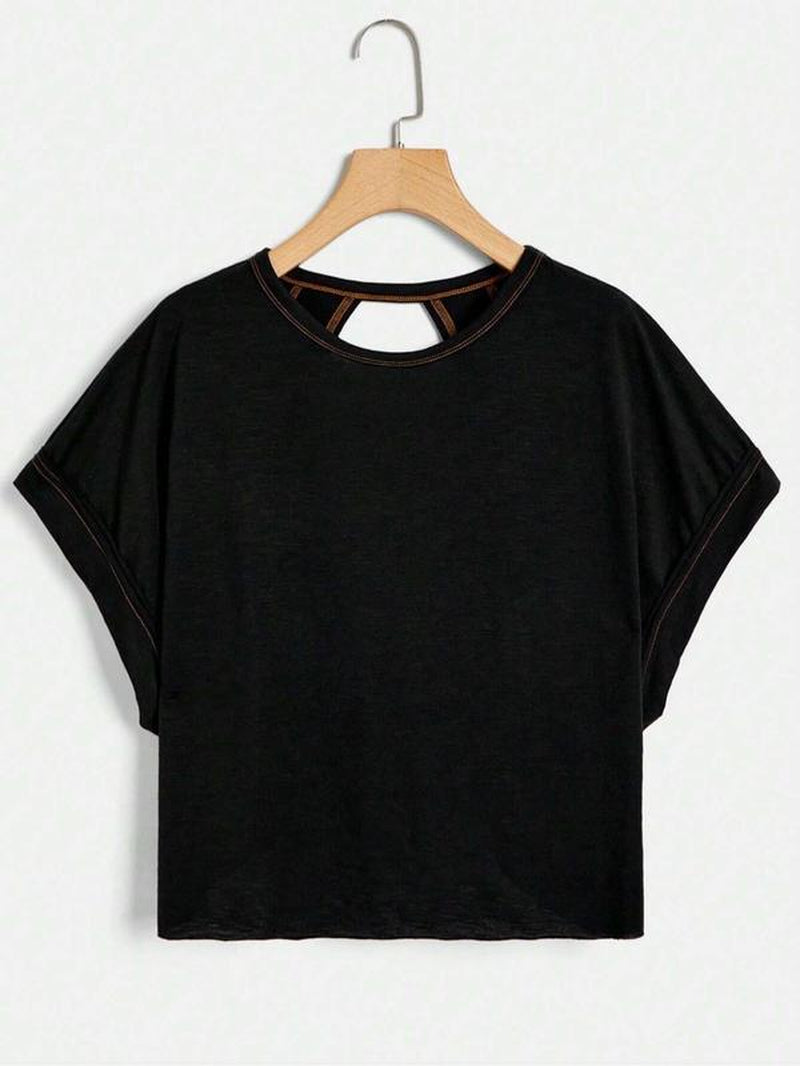 Women'S Plain Cut Out Asymmetrical Hem Batwing Sleeve Tee, Casual Short Sleeve round Neck T-Shirt for Summer, Ladies Clothes for Daily Wear, Tops, Womenswear