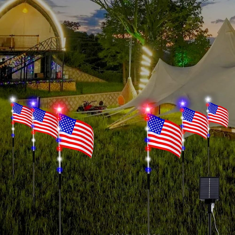 6 Flag Lights 4Th of July Decorations 8 Lighting Modes, 6-In-1 American Flag Solar Lights, Memorial Day Decorations with Red White and Blue Lights for Independence Day Path Garden Decor Yard Pathway