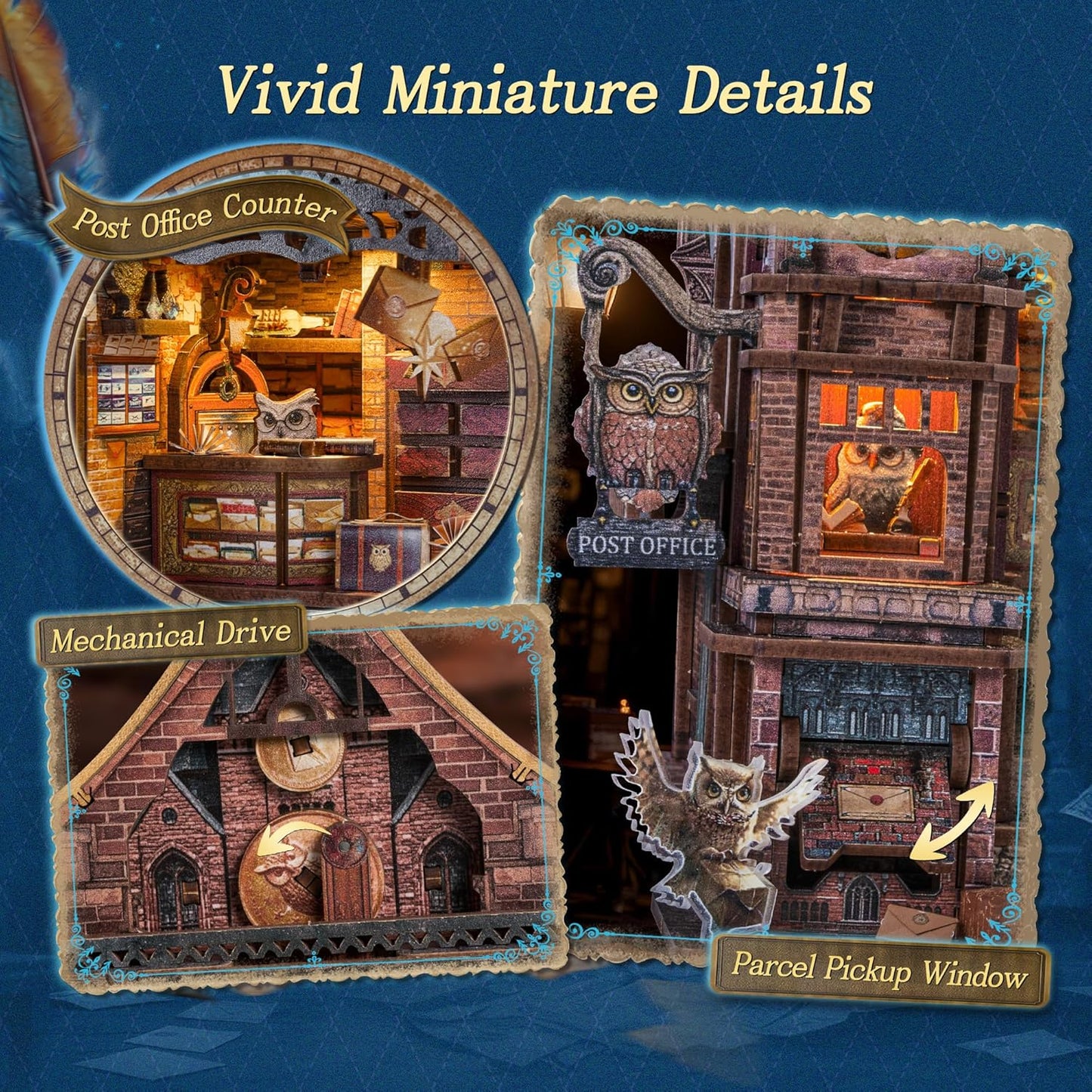 LED 3D Wood Puzzle Owl Post Office, Dynamic Model with Mechanical Gears, DIY Miniature Kit with Music and LED Lights, Home Décor Gift for Adults and Teens