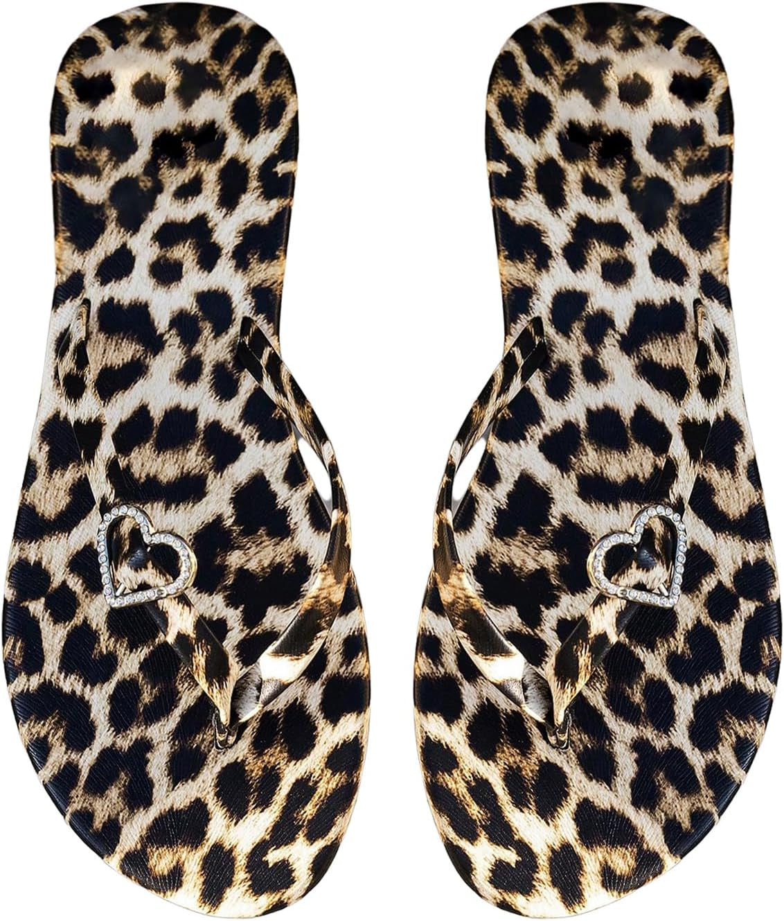 Women'S Leopard Print Flip Flop Sandals Rhinestone Heart Decor Vacation Casual Cheetah Thong Sandal