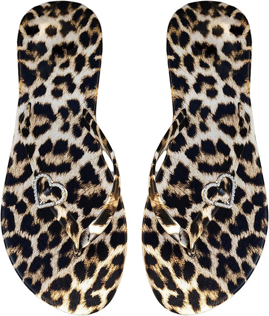 Women'S Leopard Print Flip Flop Sandals Rhinestone Heart Decor Vacation Casual Cheetah Thong Sandal