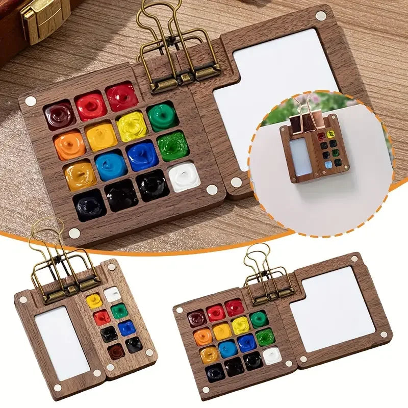 Mini Walnut Wood Watercolor Palette Portable Paint Box with Clip Travel Painting Paint Tray Art Supplies Sketchbook Palette