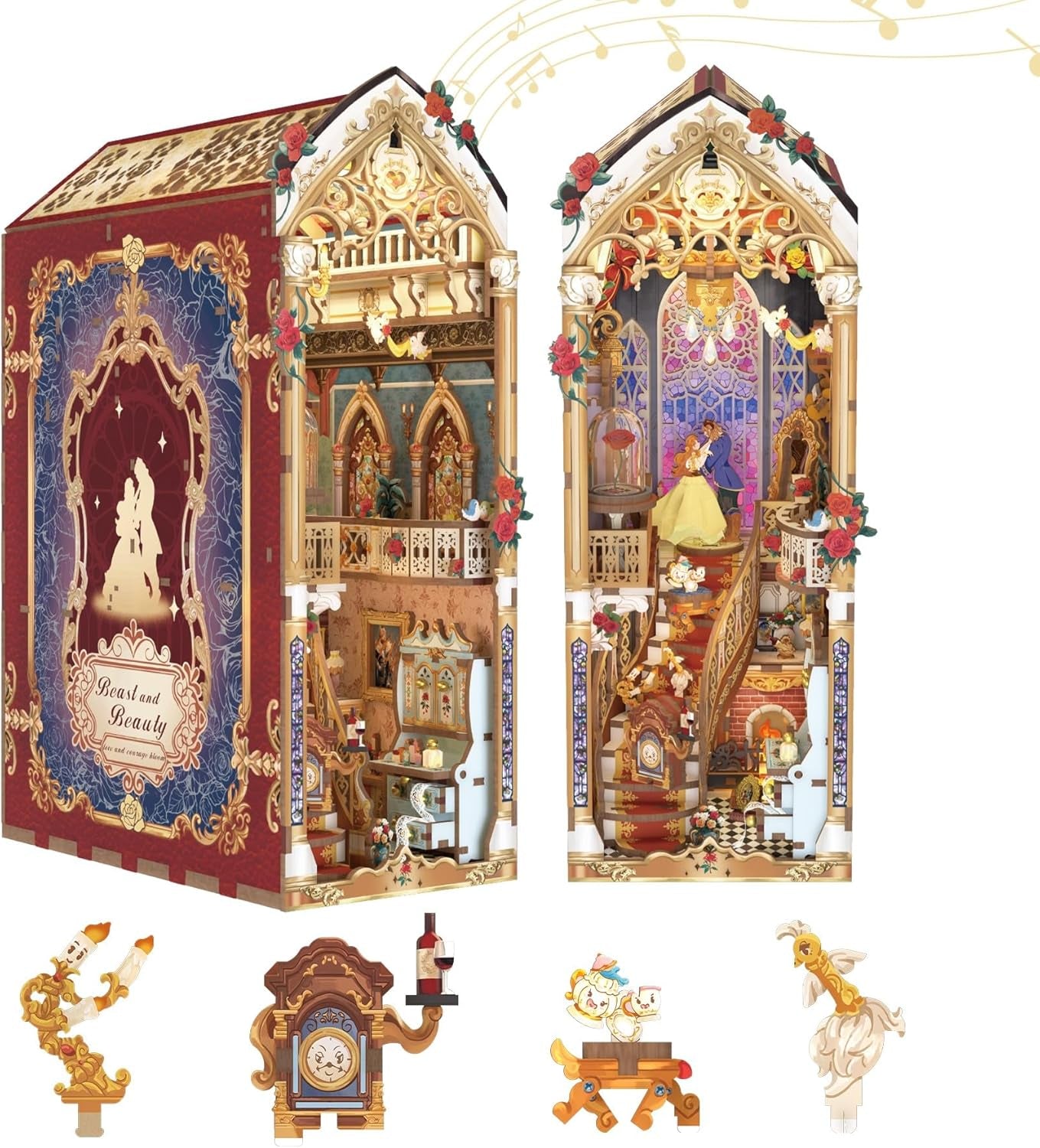 DIY Book Nook Kit for Adults, 3D Wooden Puzzle Music Booknook Miniature Dollhouse, Fairy Tale Bookend Bookshelf Decor with Dust Cover and LED Lights Gifts (Beast‌ and Beauty)