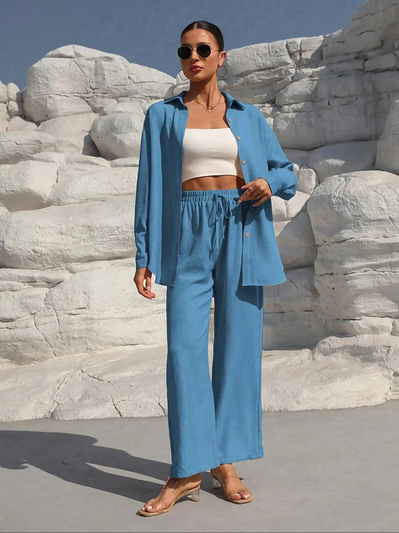Women'S Solid Collared Button Front Shirt & Tie Front Wide Leg Pants Two-Piece Set, Casual Drop Shoulder Long Sleeve Fitted Top & High Waist Trousers for Spring & Fall, Linen Set, Loose Pant Sets, Casual Matching Sets, Womenswear