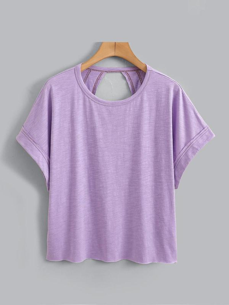 Women'S Plain Cut Out Asymmetrical Hem Batwing Sleeve Tee, Casual Short Sleeve round Neck T-Shirt for Summer, Ladies Clothes for Daily Wear, Tops, Womenswear