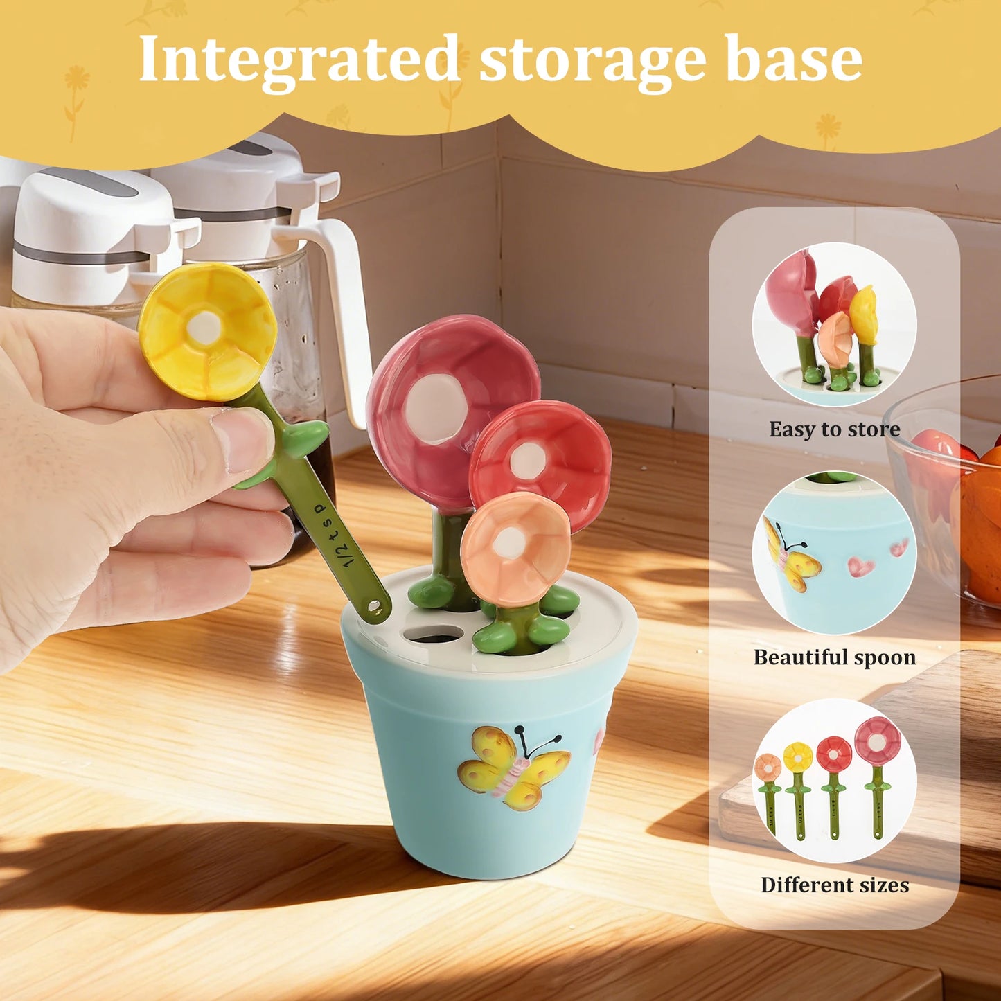 4Pcs Ceramic Measuring Spoon Set Flower Shape Baking Scale Spoon with Base Reusable Measuring Spoon for Home Kitchen Baking Tool