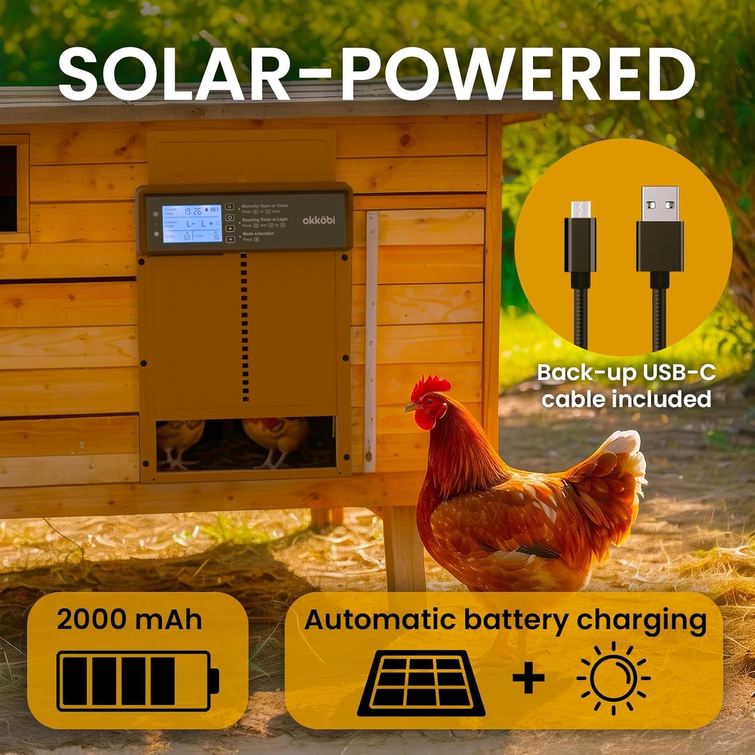 Okkobi Automatic Chicken Coop Door Solar Powered - Poultry Coop Door with Remote Control, Timer & Light Sensor - LCD Display - Anti-Pinch Function - 5-Year Protection - Brown