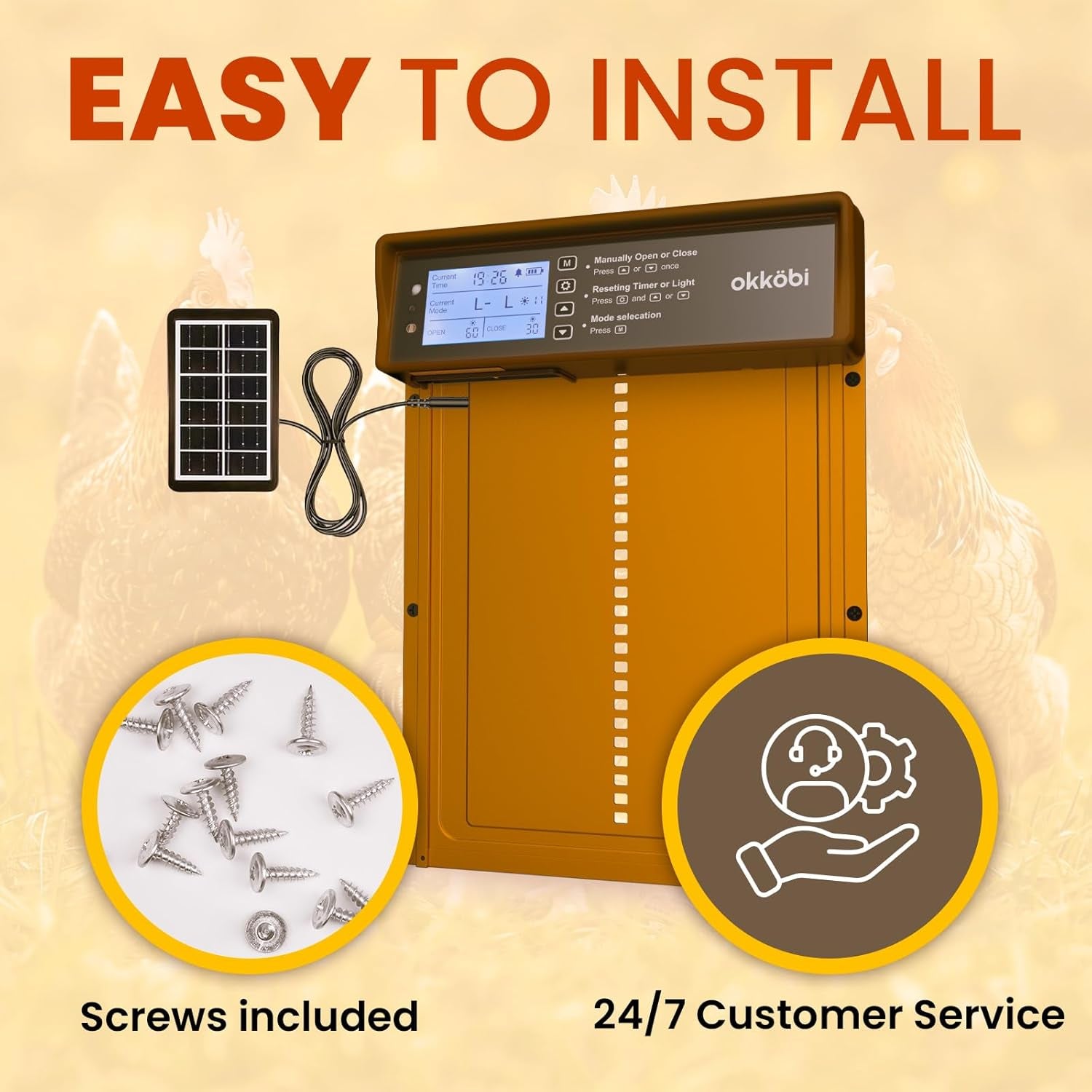 Okkobi Automatic Chicken Coop Door Solar Powered - Poultry Coop Door with Remote Control, Timer & Light Sensor - LCD Display - Anti-Pinch Function - 5-Year Protection - Brown