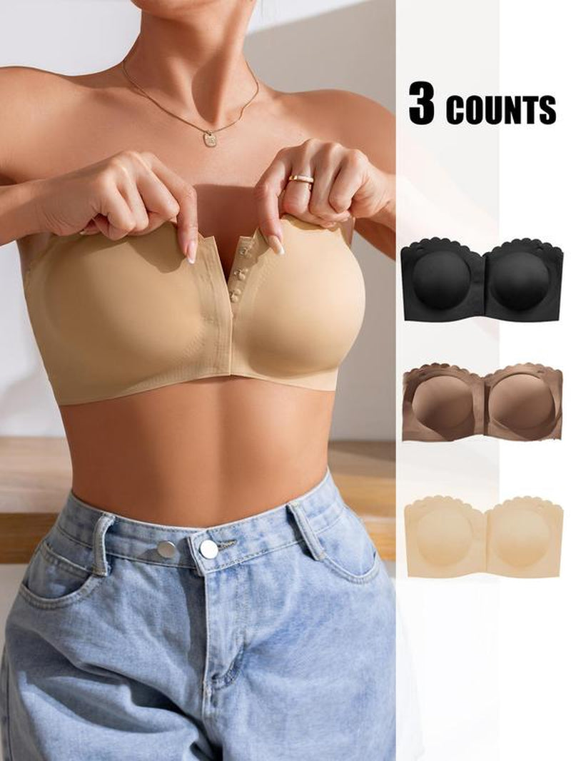 Women'S Solid / Leopard Print Strapless Bra, Wireless Push up Bra, Basic Casual Comfortable Breathable Scallop Trim Hook & Eye Front Bralette, Pastel Lingerie for All Seasons, Light Womenswear, Lady Bra Pack, Underwear