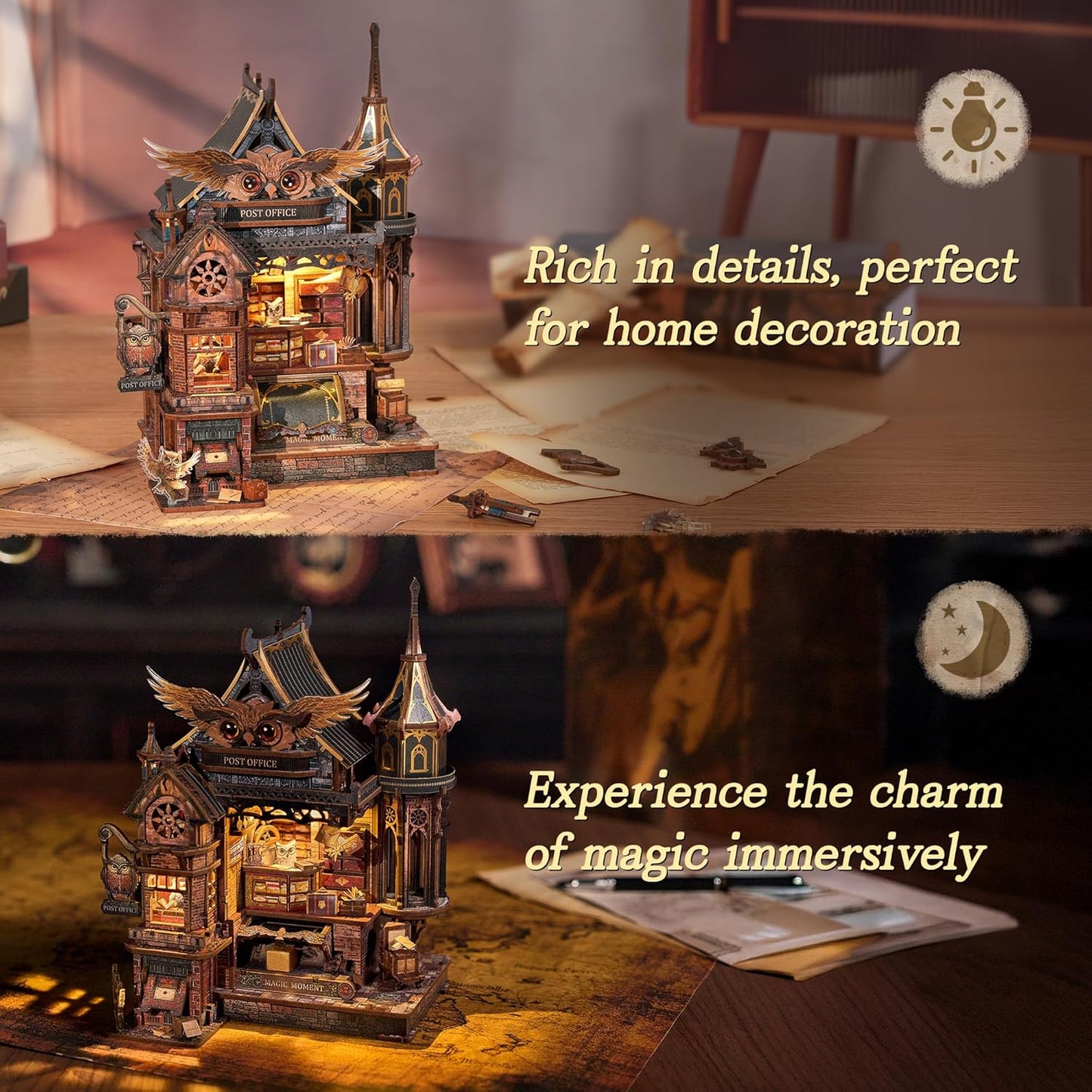 LED 3D Wood Puzzle Owl Post Office, Dynamic Model with Mechanical Gears, DIY Miniature Kit with Music and LED Lights, Home Décor Gift for Adults and Teens