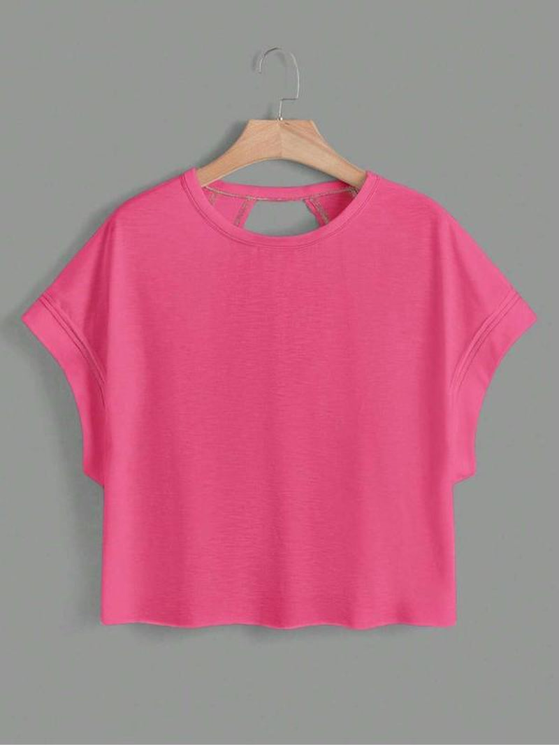 Women'S Plain Cut Out Asymmetrical Hem Batwing Sleeve Tee, Casual Short Sleeve round Neck T-Shirt for Summer, Ladies Clothes for Daily Wear, Tops, Womenswear