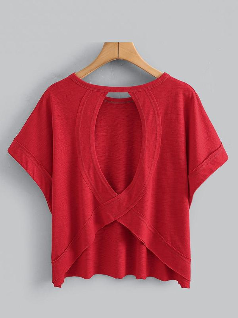 Women'S Plain Cut Out Asymmetrical Hem Batwing Sleeve Tee, Casual Short Sleeve round Neck T-Shirt for Summer, Ladies Clothes for Daily Wear, Tops, Womenswear