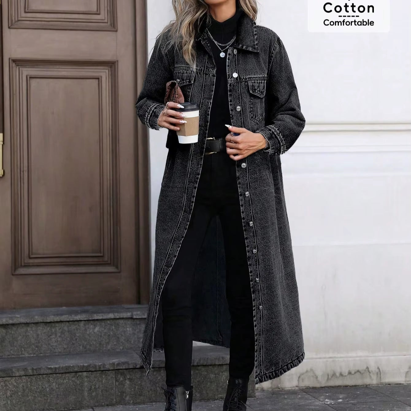 Denim Coats Moto Biker Jeans for Women Long Jackets Pocket Long Sleeves Single Breasted Loose Casual Y2K 2025 Autumn Winter