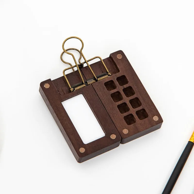 Mini Walnut Wood Watercolor Palette Portable Paint Box with Clip Travel Painting Paint Tray Art Supplies Sketchbook Palette
