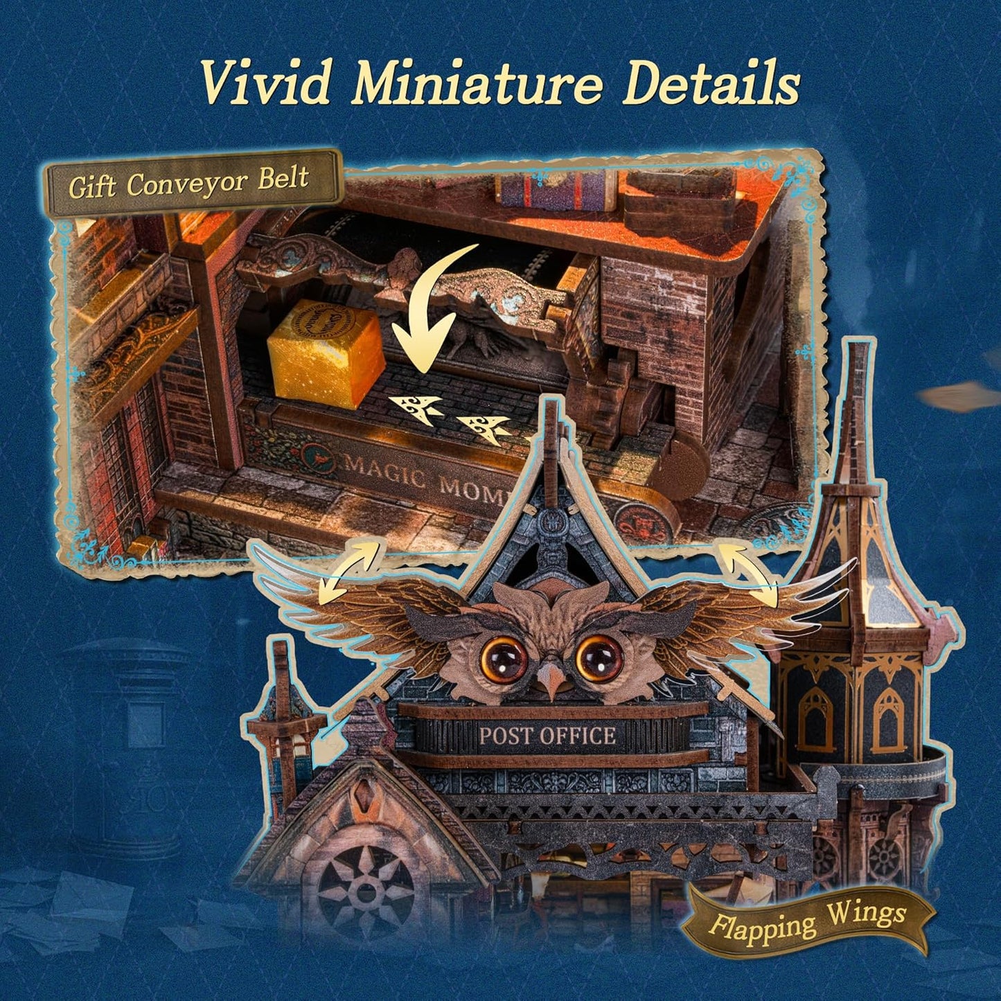 LED 3D Wood Puzzle Owl Post Office, Dynamic Model with Mechanical Gears, DIY Miniature Kit with Music and LED Lights, Home Décor Gift for Adults and Teens