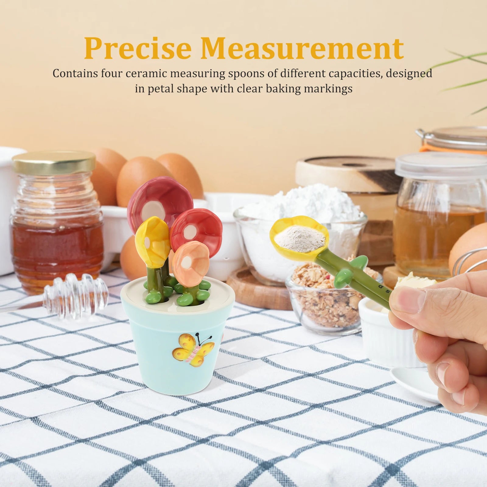 4Pcs Ceramic Measuring Spoon Set Flower Shape Baking Scale Spoon with Base Reusable Measuring Spoon for Home Kitchen Baking Tool