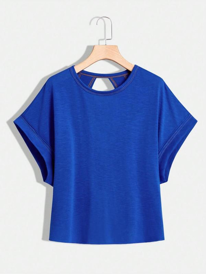Women'S Plain Cut Out Asymmetrical Hem Batwing Sleeve Tee, Casual Short Sleeve round Neck T-Shirt for Summer, Ladies Clothes for Daily Wear, Tops, Womenswear