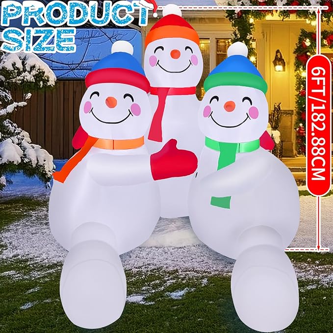 2025 Christmas Inflatable Snowman 6FT 3 Snowmen Brothers Hugging Christmas Inflatables Outdoor Decoration Xmas Snowman Blow Up Decor with Built-in 5 LEDs for Holiday Party Yard Garden Lawn