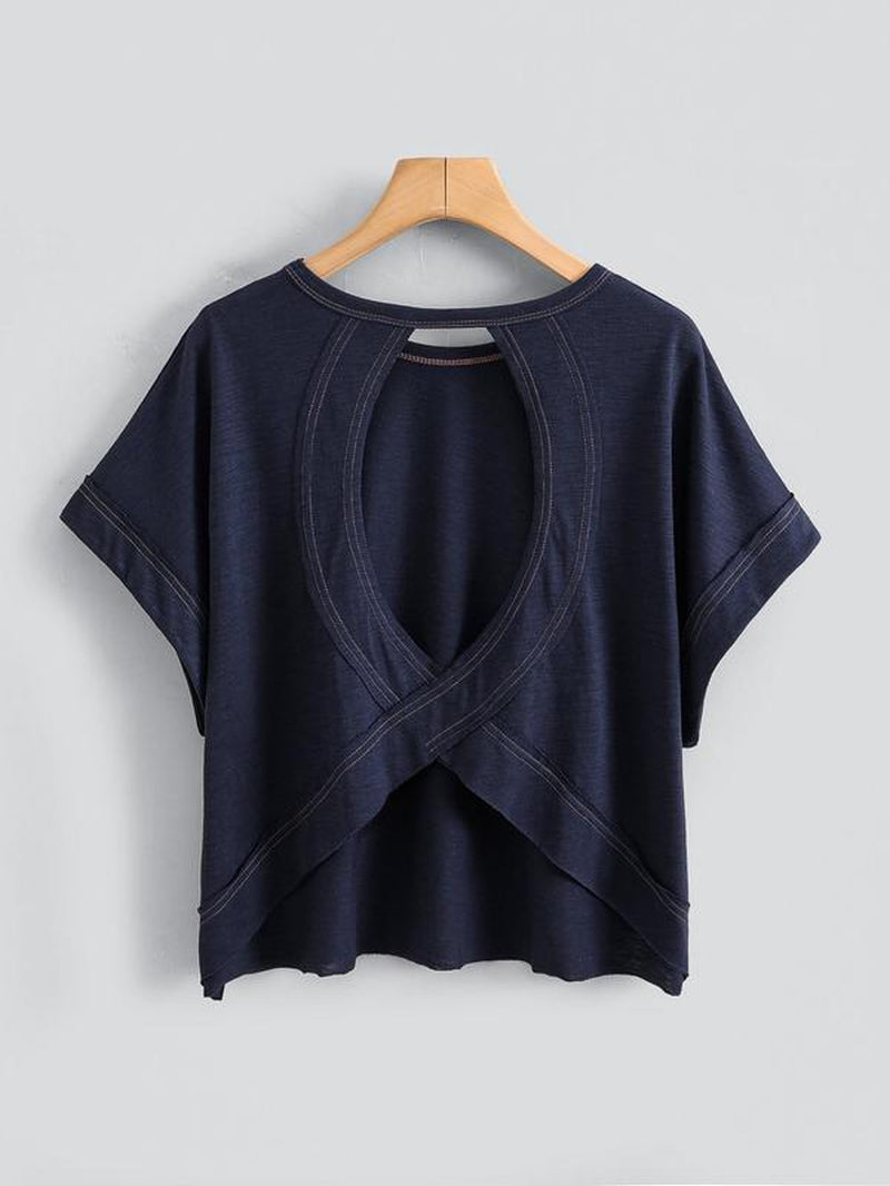 Women'S Plain Cut Out Asymmetrical Hem Batwing Sleeve Tee, Casual Short Sleeve round Neck T-Shirt for Summer, Ladies Clothes for Daily Wear, Tops, Womenswear