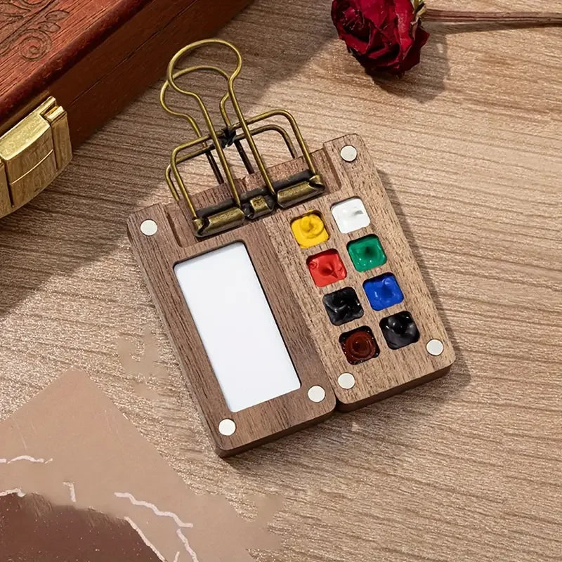 Mini Walnut Wood Watercolor Palette Portable Paint Box with Clip Travel Painting Paint Tray Art Supplies Sketchbook Palette