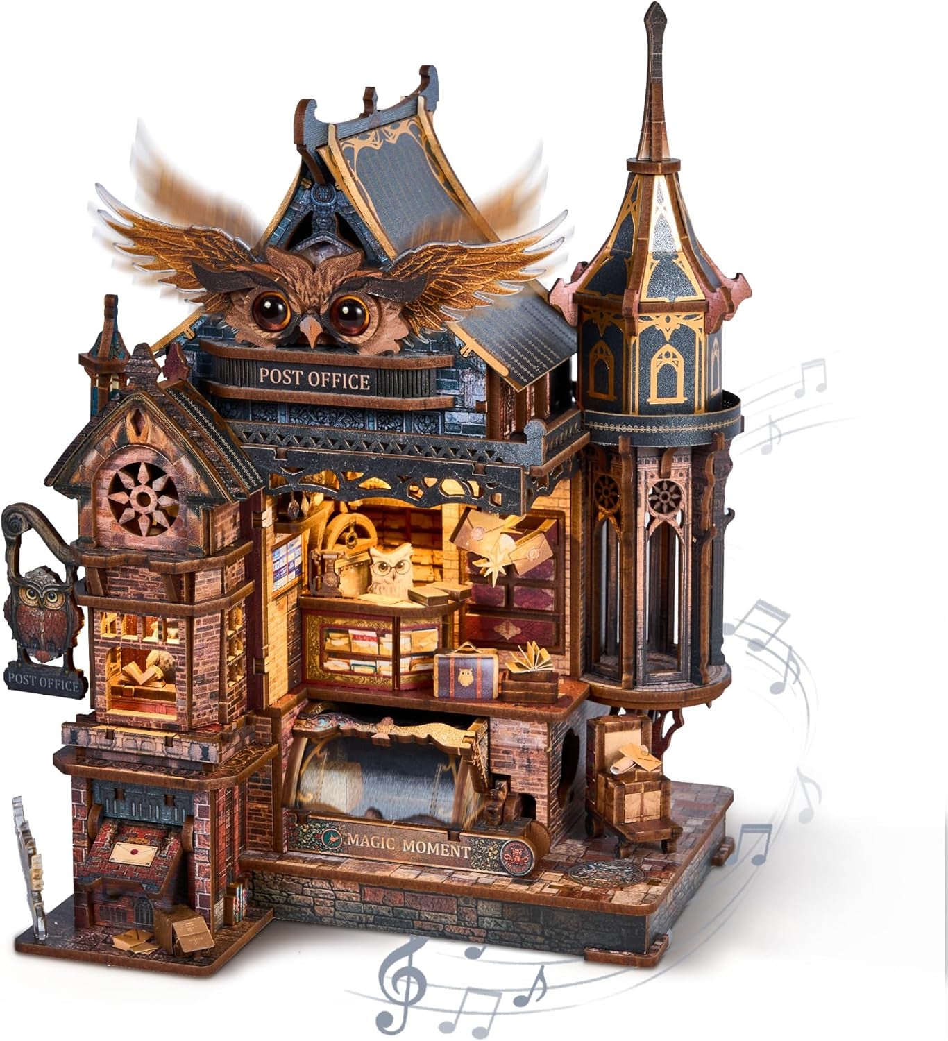 LED 3D Wood Puzzle Owl Post Office, Dynamic Model with Mechanical Gears, DIY Miniature Kit with Music and LED Lights, Home Décor Gift for Adults and Teens